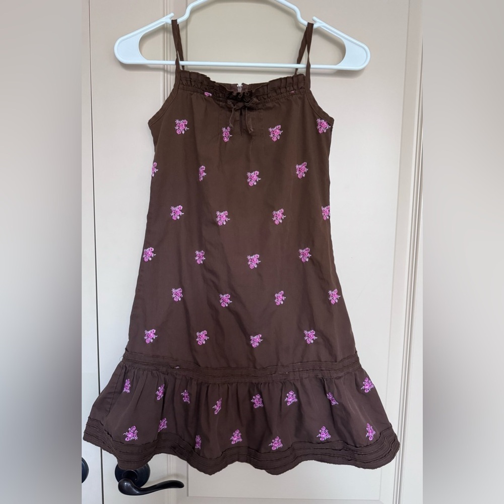 Blueberi Boulevard Brown Sundress with Pink Floral Embroidery Vintage.
